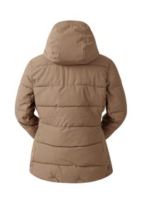 Kevepuhvjakke i lys brun, med horisontale quiltede seksjoner, en tettsittende hette og elastiske mansjetter for en komfortabel passform.