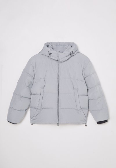 Light grey puffer jacket with a high collar, front zip closure, two side pockets, and elastic cuffs. Slightly glossy, quilted texture.