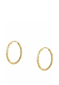 Guldörhängen med en vriden design, som har en slät, polerad yta. Varje örhänge är cirkulärt med en säker låsning.