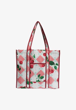 Quilted tote bag with red and white checkered diamond pattern, green leaves, and red cherries, featuring two long handles and an external pocket.