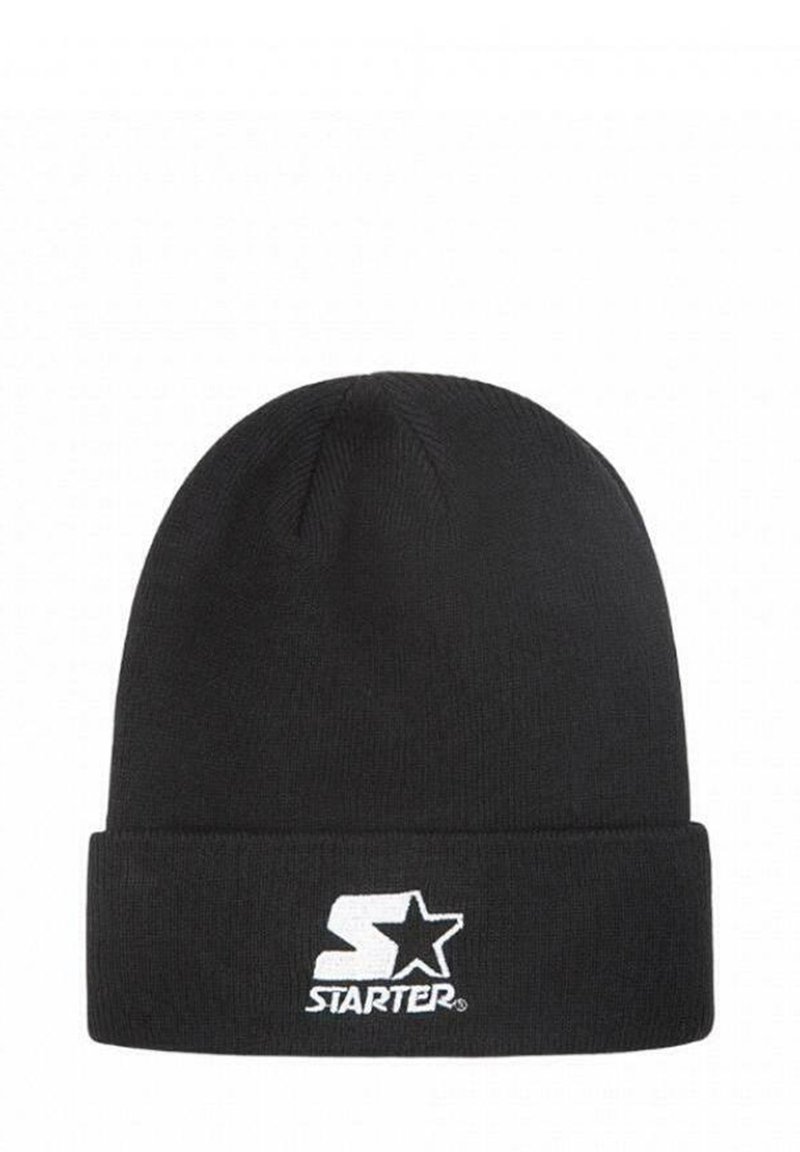 Berretto nero in maglia con risvolto e logo bianco "Starter" con emblema a stella sul davanti.
