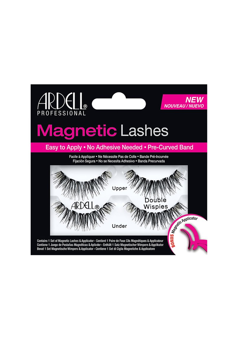 Magnetic lashes set in black, featuring a pre-curved design. Includes upper and under "Double Wispies" pairs, with a bonus applicator.