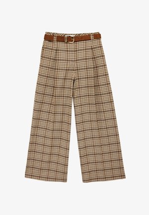 Wide-leg plaid trousers in beige and brown tones with a high waist and a brown leather belt with gold buckle.