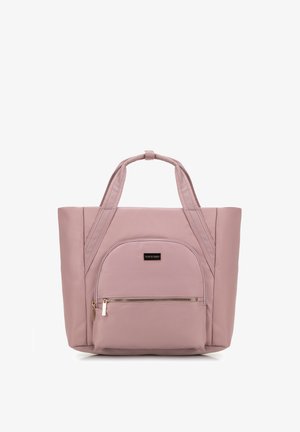 Różowa torba nylonowa na ramię z podwójnymi uchwytami, przednią kieszenią na zamek i przeszywanymi detalami. Gładka faktura i przestronny design.