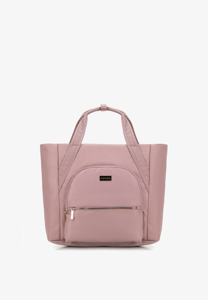Rosa Nylon-Tote mit doppelten Griffen, vorderer Reißverschlusstasche und gestickten Akzenten. Glatte Textur mit geräumigem Design.