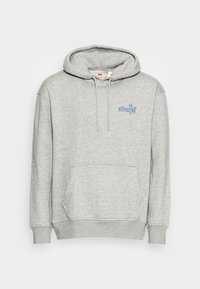 Sudadera con capucha gris con bolsillo frontal, capucha con cordón y un logo bordado en azul en el pecho. Hecha de material suave y texturizado.
