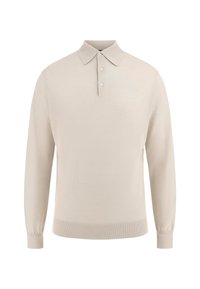 Pulover bej din tricot, cu guler pliat și închidere cu trei nasturi. Mâneci lungi cu tivuri din tricot și tiv. Textură netedă.