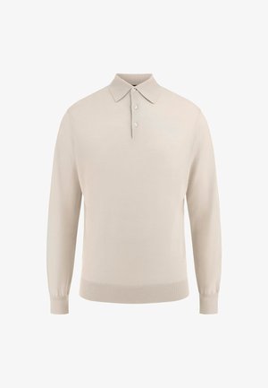 Bežinis megztinis su sulankstomu apykakle ir trimis sagutėmis. Ilgos rankovės su įaustu kraštu ir apatine dalimi. Lygi tekstūra.