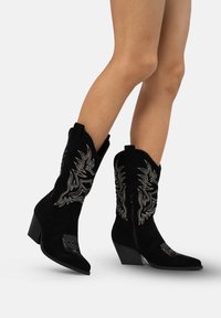 Botas de vaquero de ante negro con bordado metálico plateado, puntera puntiaguda y un tacón grueso. Presentan un cierre de cremallera y costuras decorativas.