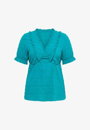 Turquoise korte mouwen blouse met gestructureerde stof, gerimpelde V-hals en geplooide mouwen.