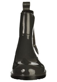 Bottine noire brillante avec un panneau latéral élastique texturé et une languette à l'arrière. Dotée d'une semelle en caoutchouc durable avec un léger motif antidérapant.