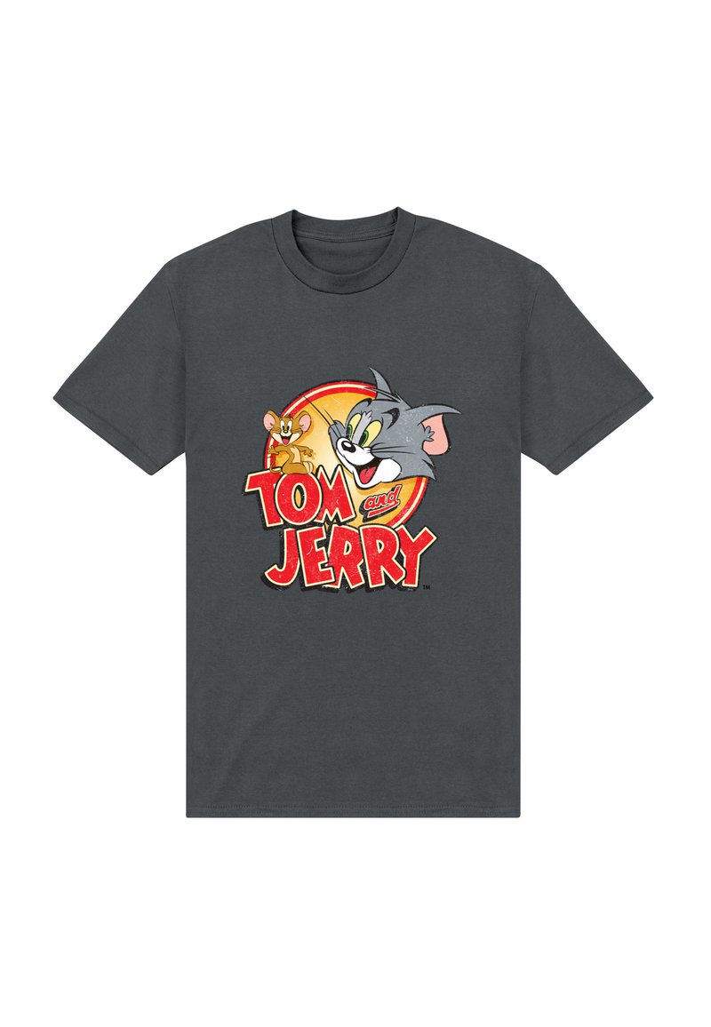 Tmavě šedé bavlněné tričko s barevným potiskem "Tom a Jerry", s kreslenými obrázky kocoura Toma a myšky Jerryho.