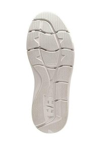 Suela de zapatilla deportiva blanca con patrones texturizados y surcos para tracción, que presenta un diseño redondeado suave y una zona de talón reforzada.