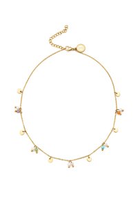 Collar de cadena de oro con encantos redondos y cuentas de varios colores, incluyendo blanco, púrpura, verde y naranja, con un cierre de langosta.