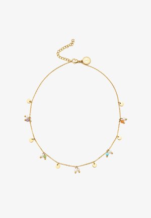 Guldhalsband med runda charms och flerfärgade pärlor, inklusive vit, lila, grön och orange, med en kräftklämma.