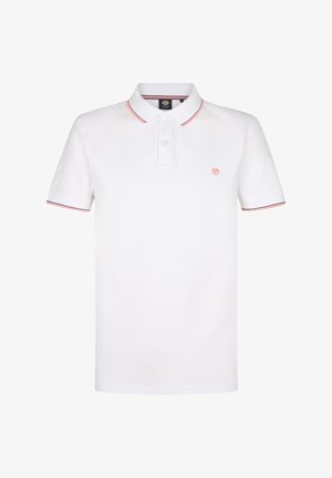 Polo bianca in cotone con pattina con bottoni. Presenta dettagli a strisce rosse e blu scuro su colletto e maniche. Piccolo logo sul petto.