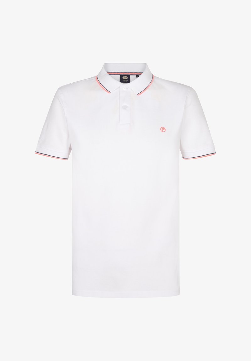 Camisa polo blanca de algodón con una tapeta de botones. Presenta detalles a rayas rojas y marinas en el cuello y las mangas. Pequeño logotipo en el pecho.