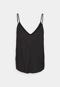Haut noir sans manches avec fines bretelles, encolure en V, fabriqué à partir d'un tissu léger, doté d'une texture lisse et d'une coupe décontractée.