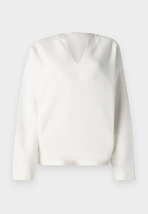 Bel bela pulover z teksturo in V-izrezom ter dolgimi rokavi. Ima kvadratno obliko in mehko, prijetno tkanino. Enostaven in minimalističen design.