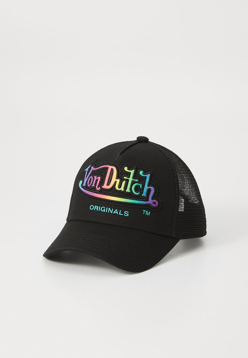 Casquette de baseball noire avec des côtés en maille, arborant un logo "Von Dutch" brodé coloré et le texte "ORIGINALS" à l'avant.