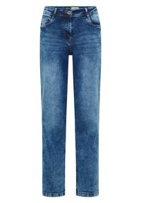 Jean en denim bleu délavé à jambe droite avec poches avant, passants de ceinture et fermeture à bouton.