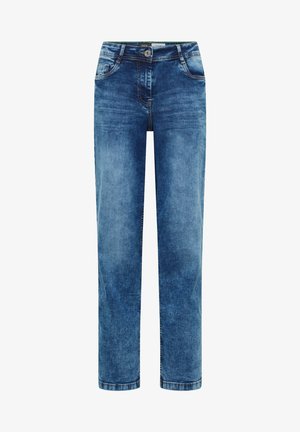 Blue faded straight-leg denim jeans with front pockets, belt loops, and button closure.