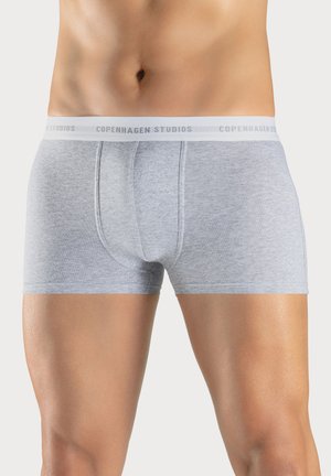Gray cotton boxer briefs with a white waistband labeled "COPENHAGEN STUDIOS." Features a snug fit and smooth texture.