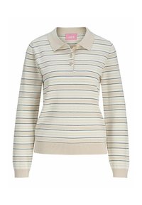 Maglione polo a strisce con maniche lunghe, base beige con strisce blu navy e marrone chiaro, colletto a coste e patta con tre bottoni.