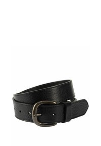 Zwarte leren riem met een gestructureerde afwerking en een zilverkleurige metalen gesp. Voorzien van meerdere gaten voor maataanpassing en een gladde rand.