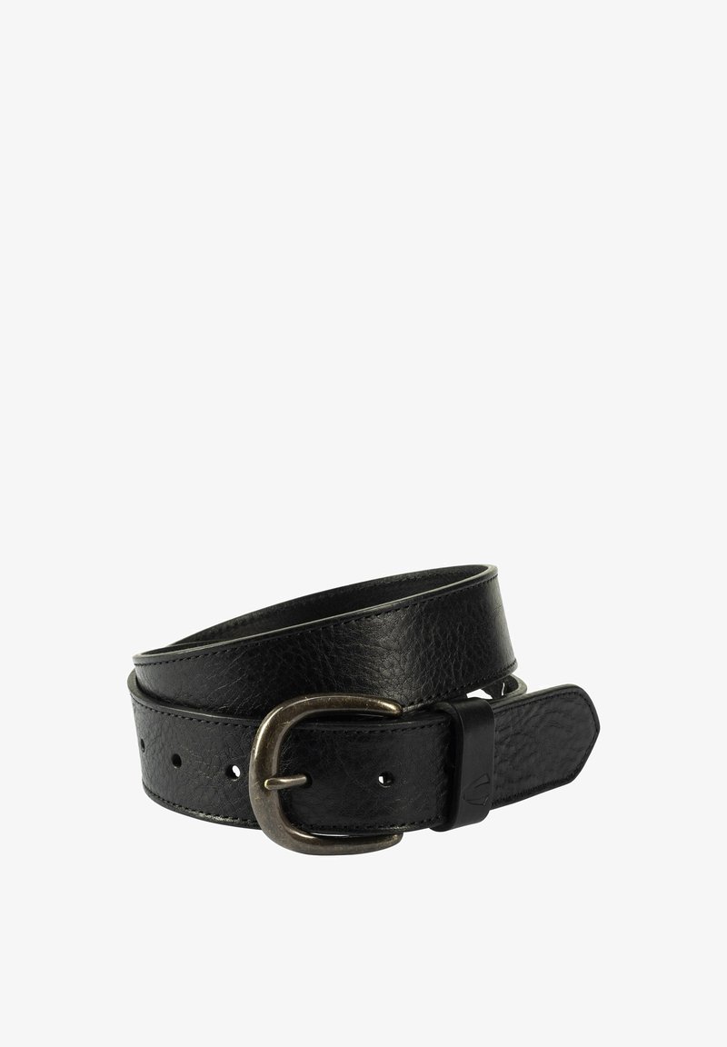 Zwarte leren riem met een gestructureerde afwerking en een zilverkleurige metalen gesp. Voorzien van meerdere gaten voor maataanpassing en een gladde rand.