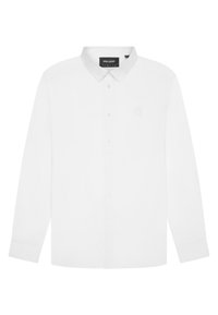 Camicia bianca a maniche lunghe con colletto classico, dotata di chiusura frontale con bottoni e delicato logo ricamato sul petto. Texture liscia.