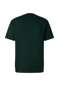 Tmavě zelené tričko s krátkým rukávem a kulatým výstřihem, vyrobené z hladkého bavlněného materiálu, které má jednoduchý design bez vzorů nebo akcentů.