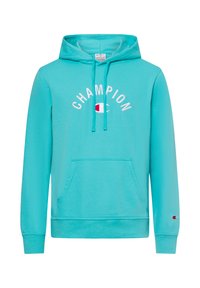 Sudadera turquesa de tela suave. Presenta un bolsillo frontal, capucha con cordón y el logo "Champion" en blanco con un pequeño acento rojo.