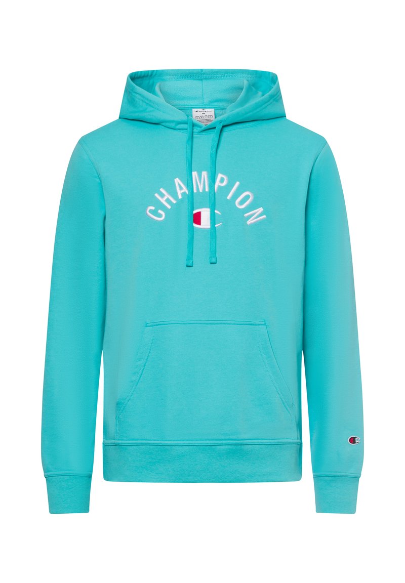 Sudadera turquesa de tela suave. Presenta un bolsillo frontal, capucha con cordón y el logo "Champion" en blanco con un pequeño acento rojo.