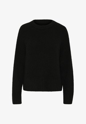 Čierny sveter vyrobený z jemného, huňatého materiálu. Má okrúhly výstrih, dlhé rukávy a pružný lem. Jednoduchý dizajn bez vzorov alebo akcentov.