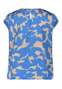 Blå och beige abstrakt mönstrad kortärmad blus med nyckelhål i ryggen och två knappar vid halsringningen.