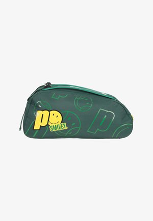 Estuche verde oscuro con gráficos de pelotas de tenis y logo amarillo "po SMILEY", cierre superior con cremallera.