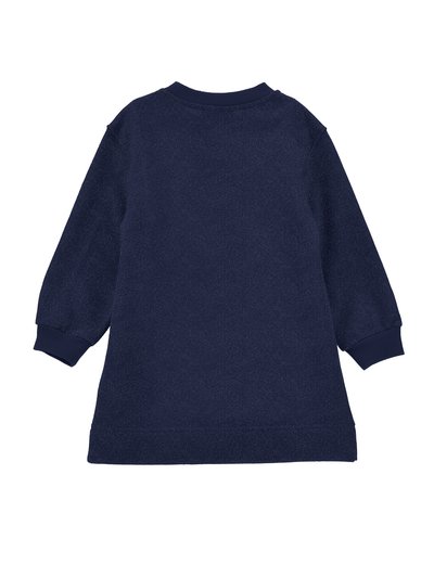 Laudan sininen mekko, jossa on teksturoitu pinta, pitkähihainen ja ribatulla hihansuulla varustettu. Yksinkertainen pyöreä pääntie, polven pituinen malli.