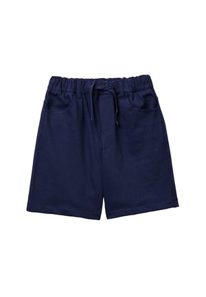 Pantalones cortos informales azul marino con cintura elástica y cordón, con bolsillos delanteros y trabillas para cinturón.