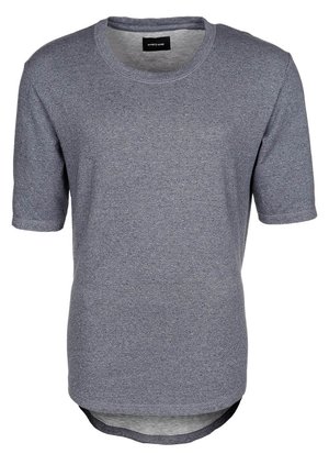 Gray short-sleeve t-shirt made of lightweight, textured fabric, featuring a round neckline and a slightly elongated back hem.