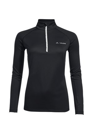 Camicia nera a maniche lunghe con zip e colletto alto, con una zip bianca e logo. Realizzata in un tessuto texturizzato e elasticizzato.