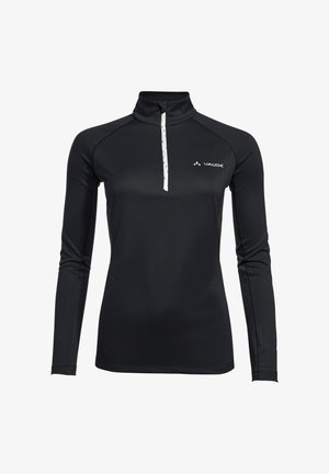 Camicia nera a maniche lunghe con zip e colletto alto, con una zip bianca e logo. Realizzata in un tessuto texturizzato e elasticizzato.