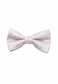 Lichtroze vlinderdas met paisleypatronen, gestructureerde stof en een gevlochten knoop in het midden. Symmetrisch ontwerp, geschikt voor formele gelegenheden.