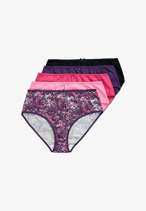 Pięć par damskiej bielizny w różnych kolorach: czarnym, ciemnofioletowym, różowym, jasnoróżowym oraz wzorzystym fioletowym z kokardkami i fantazyjnymi wzorami.