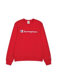 Sudadera roja de algodón, con cuello redondo, mangas largas y el logo "Champion" en blanco con acentos en azul marino. Textura suave.