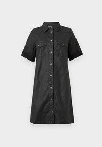 Vestito nero a camicia con maniche corte, chiusura frontale a bottoni, colletto, due tasche sul petto e contrasti neri nei polsini. Materiale liscio e leggero.