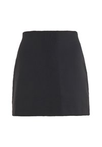 Svart, hög midja, rak klänning med miniskärning och ett enfärgat mönster utan synliga mönster eller utsmyckningar.