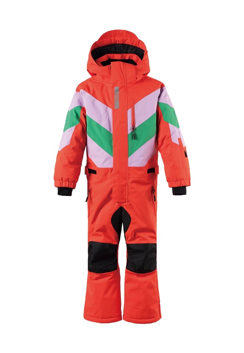 Felrood kinder sneeuwpak met roze en groene chevronpatronen, een capuchon, ritszakken en zwarte accenten op de benen.