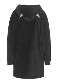 Felpa oversized nera in pile con una texture morbida, dotata di cappuccio con dettagli a forma di orecchie triangolari e maniche lunghe.