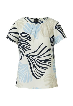 Blusa a maniche corte in tessuto leggero con sfondo bianco e motivi a foglie blu e navy. Presenta una scollatura rotonda e una vestibilità comoda.